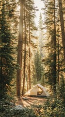 A serene camping scene in a sunlit forest with a tent surrounded by tall trees.