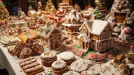 A table full of Christmas cookies and gingerbread houses, with frosting and sprinkles scattered around