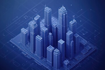 Fototapeta premium Isometric city design with tall buildings rendered in low-poly design.