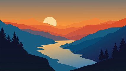  Sunset over the Columbia River, captured from above, highlighting the serene beauty of the landscape flat vector illustration natural background