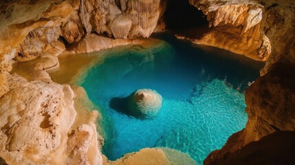 Fototapeta premium Discover hidden turquoise pool: Explore stunning underground cave formations and crystal-clear waters. Adventure awaits!