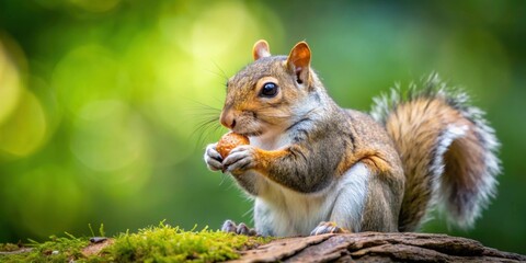 Obraz premium Close-up of a cute squirrel eating a nut in a forest setting, squirrel, animal, wildlife, nature, close-up, furry, rodent