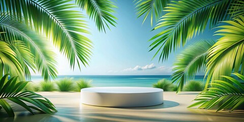 Display podium on summer tropical background, podium, display, tropical, summer, background, wooden, greenery, palm trees, resort
