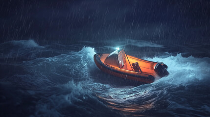 Fototapeta premium Small boat in stormy sea rescuing person from water, spotlight illuminates rescue action, waves crashing, urgent and relieved reaching for help.