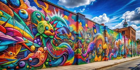 Obraz premium Vibrant graffiti art on a city wall , urban, street art, colorful, spray paint, vandalism, creativity