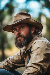 Fototapeta premium Rugged bearded man in hat outdoors, exuding confidence and simplicity