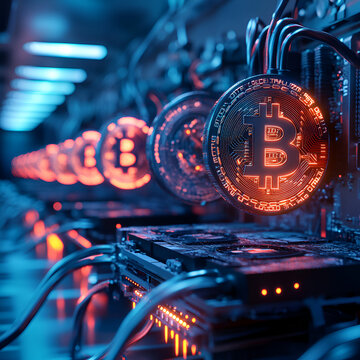 Bitcoin mining action data center location digital currency content high-tech environment close-up view cryptocurrency concept for seo impact