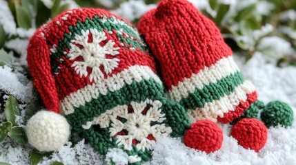 A warm, hand-knitted Christmas scarf and hat set made from soft yarn in rich red, green, and white, adorned with tiny snowflakes and pom-poms.