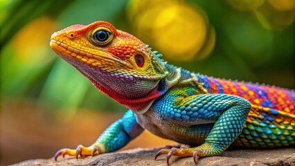 Fototapeta premium Vibrant lizard displaying colorful scales on a surface , colorful, lizard, vibrant, scales, unique, posture, exotic, reptile