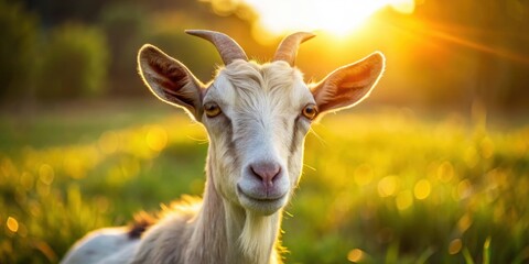 Fototapeta premium Close-up of a peaceful goat in a sunlit field, goat, close-up, serene, field, peaceful, animal, nature, wildlife, farm, livestock
