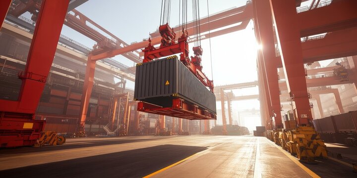 Cargo container lifted by a crane at a shipping port. AI.