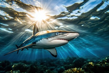 Naklejka premium Shark swimming in sunlit ocean. AI.
