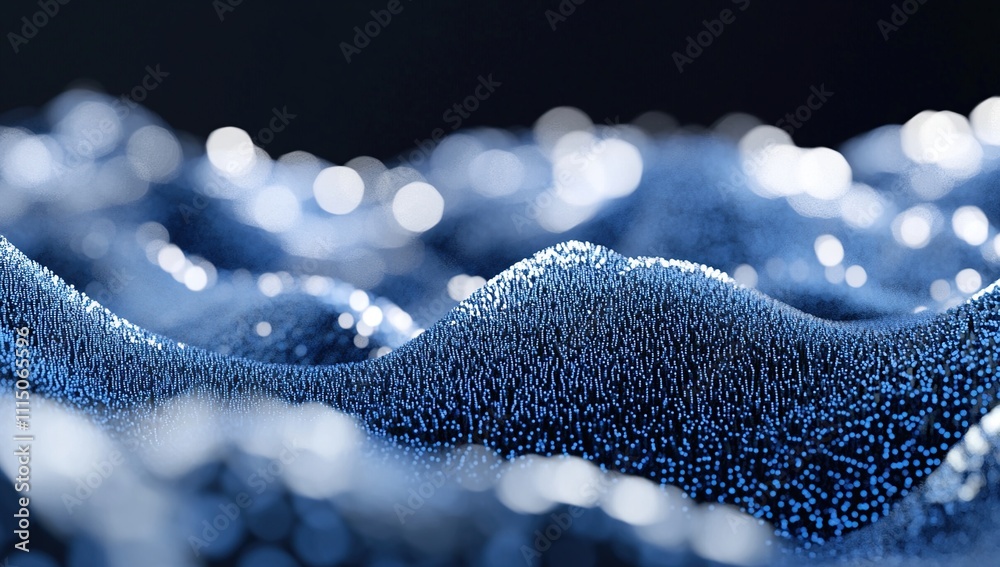 Poster abstract blue light particle waves flow dynamically across dark background, creating a mesmerizing v