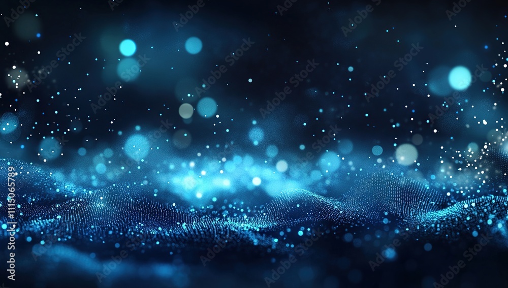 Poster abstract blue particle waves flow dynamically in dark background, creating stunning visual effects w
