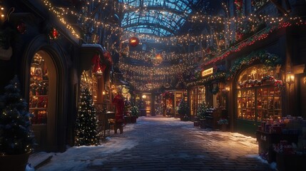 Obraz premium The interior of a festive shop, with soft glowing Christmas lights strung across the ceiling and windows, creating a cozy,