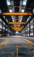 Fototapeta premium Vast industrial interior with overhead cranes. AI.