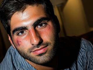 Obraz premium A close-up portrait of a man with facial abrasions. AI.