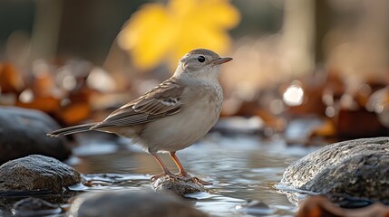 Fototapeta premium In winter, a dried pond became a quiet resting place for a lone bird