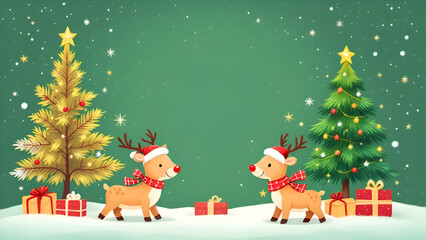 Fototapeta premium Reindeer and Santa with Xmas tree illustration on green background. 