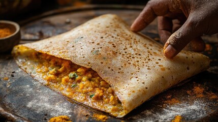 Delicious Indian Dosa with Spiced Filling on Rustic Background