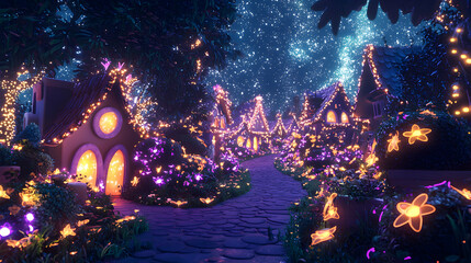Fototapeta premium Luminous Village Under a Starry Sky