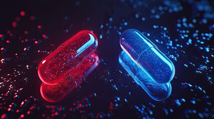 red pill and blue pill, matrix movie style scene, slightly transparent pills kind of neon glowing, dark ambience, 4k