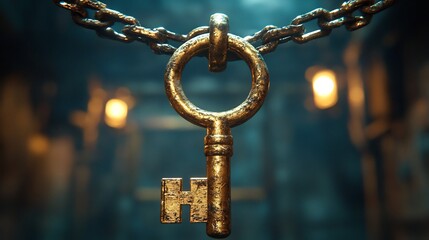 Conceptual image of a solid gold key exuding power and prestige suspended in mid air with soft contrasting shadows creating a sense of luxury and exclusivity