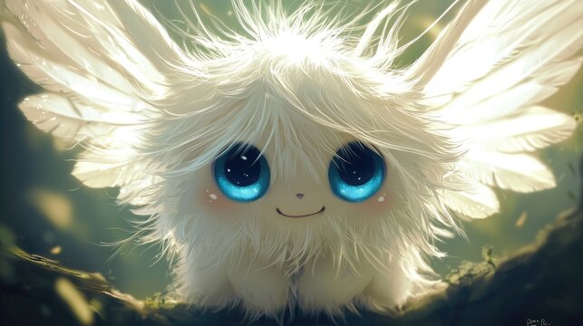 small fantasy white creature like just a fuzzball with mouth hidden by hairs or feathers, full hairs, with big white wings , big blue innocent eyes, cute, kawa&Atilde;&macr; --no legs and beak, it's not a bird