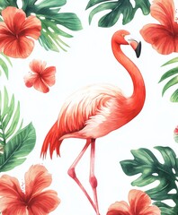 Fototapeta premium Flower pattern with pink flamingos