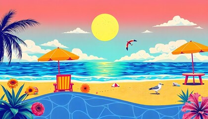 Obraz premium A vibrant summer-themed collage with a modern retro style, crafted using Generative AI technology