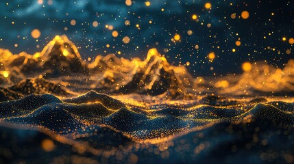 tilt shift photography Neon Fantasy Landscape, golden mountains, black sand on the ground, tranquil lights float in the air, tilt-shift photography, 