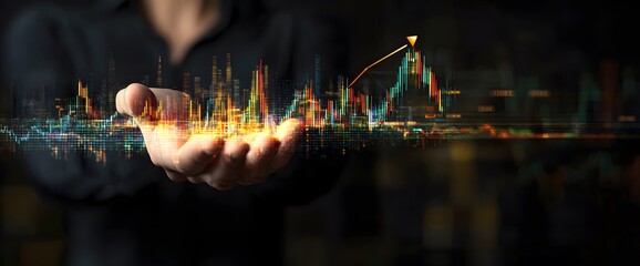 Hand Holding Digital Graph with Rising Trend Line, Futuristic Financial Growth Concept with Orange