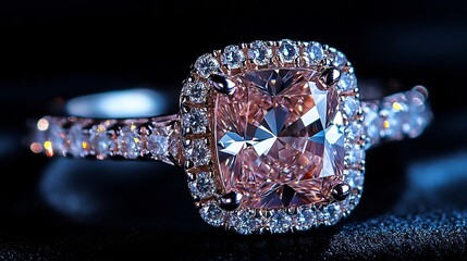 Close up Photograph of a Luxurious Silver Ring with a Large Radiant Diamond Centerpiece Surrounded by Sparkling Small Stones Showcased on a Smooth Black Velvet Surface