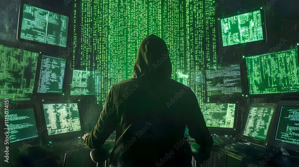 Poster mysterious hooded figure surrounded by multiple monitors displaying green code in a dark room repres