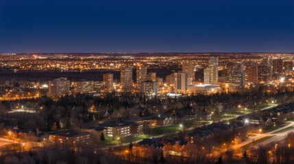 Fototapeta premium A nighttime cityscape showcasing illuminated buildings and urban greenery.