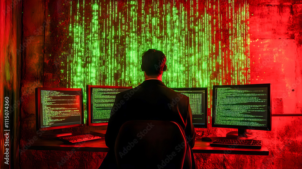 Poster mysterious figure analyzing code on multiple monitors in dimly lit room with green and red backgroun