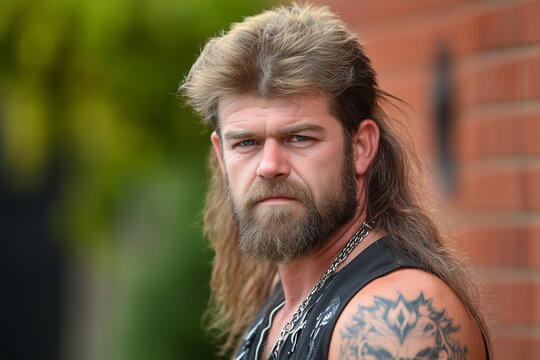 Bearded man with long hair and tattoos poses fiercely against a brick backdrop outdoors