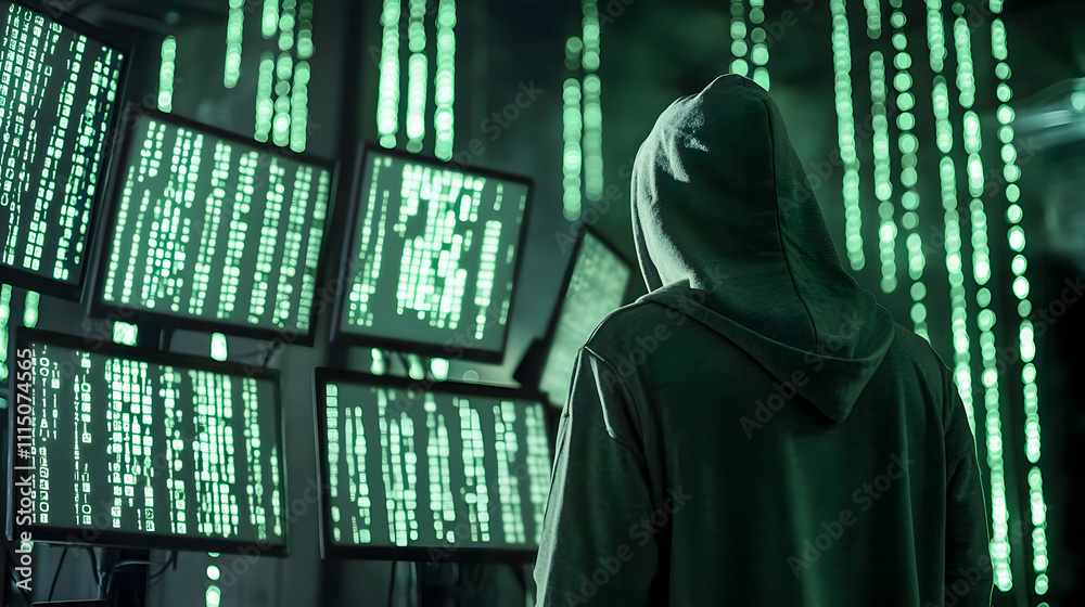 Poster mysterious figure in hooded sweatshirt surrounded by glowing green code in dark room with screens di
