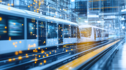 Fototapeta premium Futuristic smart city train system with digital interface and glowing data overlays