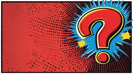 Red comic book background with large question mark.