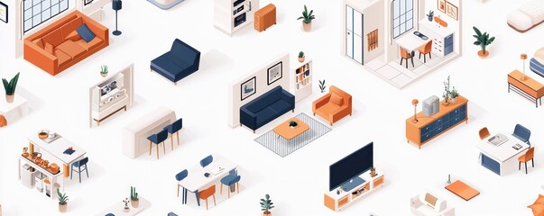 Obraz premium High-resolution 3D isometric illustrations of compact apartment interiors with warm colors.