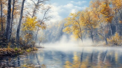 Obraz premium A serene autumn landscape with mist over a tranquil river, surrounded by colorful trees.