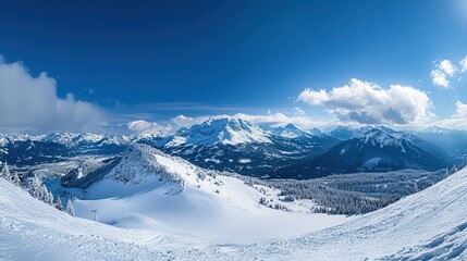 Fototapeta premium A blanket of snow covers the top of the mountain, creating a dramatic contrast with the darker terrain below.