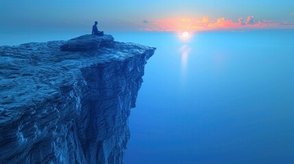 A serene figure sits on a cliff, gazing at a tranquil sunrise over the ocean.