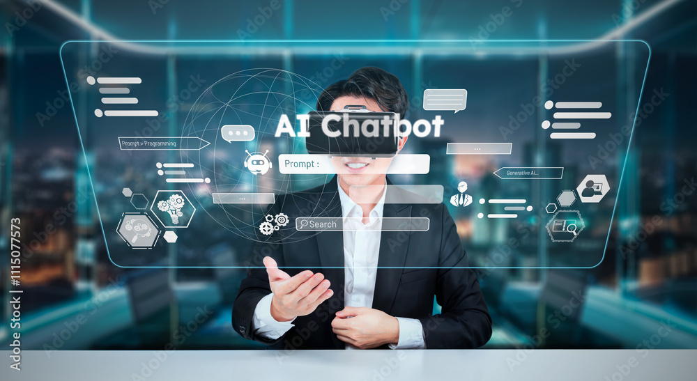 Poster business man with goggles working while using ai technology. project manager with formal suit checki