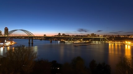 Obraz premium A serene twilight view of a city skyline with bridges over a calm river.