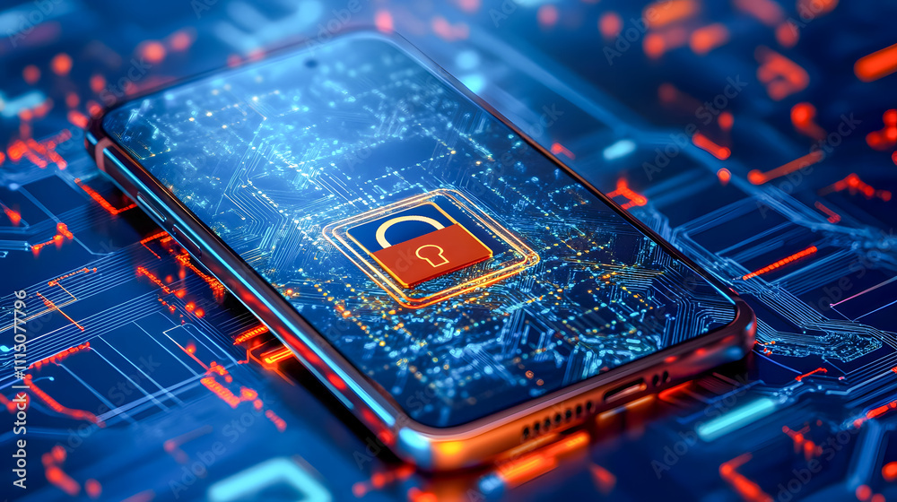 Poster digital smartphone displaying secure lock symbol on abstract blue circuit board background indicatin