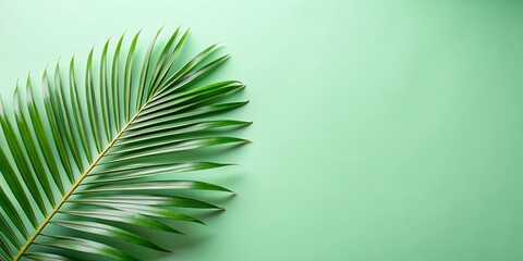 Obraz premium Lush Green Palm Frond on a Soft Mint Background, Perfect for Summer Designs or Tropical Themed Projects