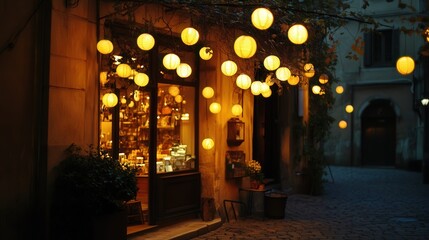 Fototapeta premium A cluster of yellow-orange decorative lights hangs in front of a vintage storefront.