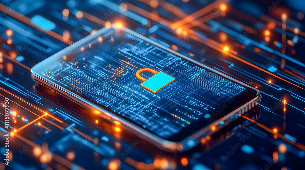 Poster secure smartphone displaying lock symbol on a vibrant circuit board background with digital connecti